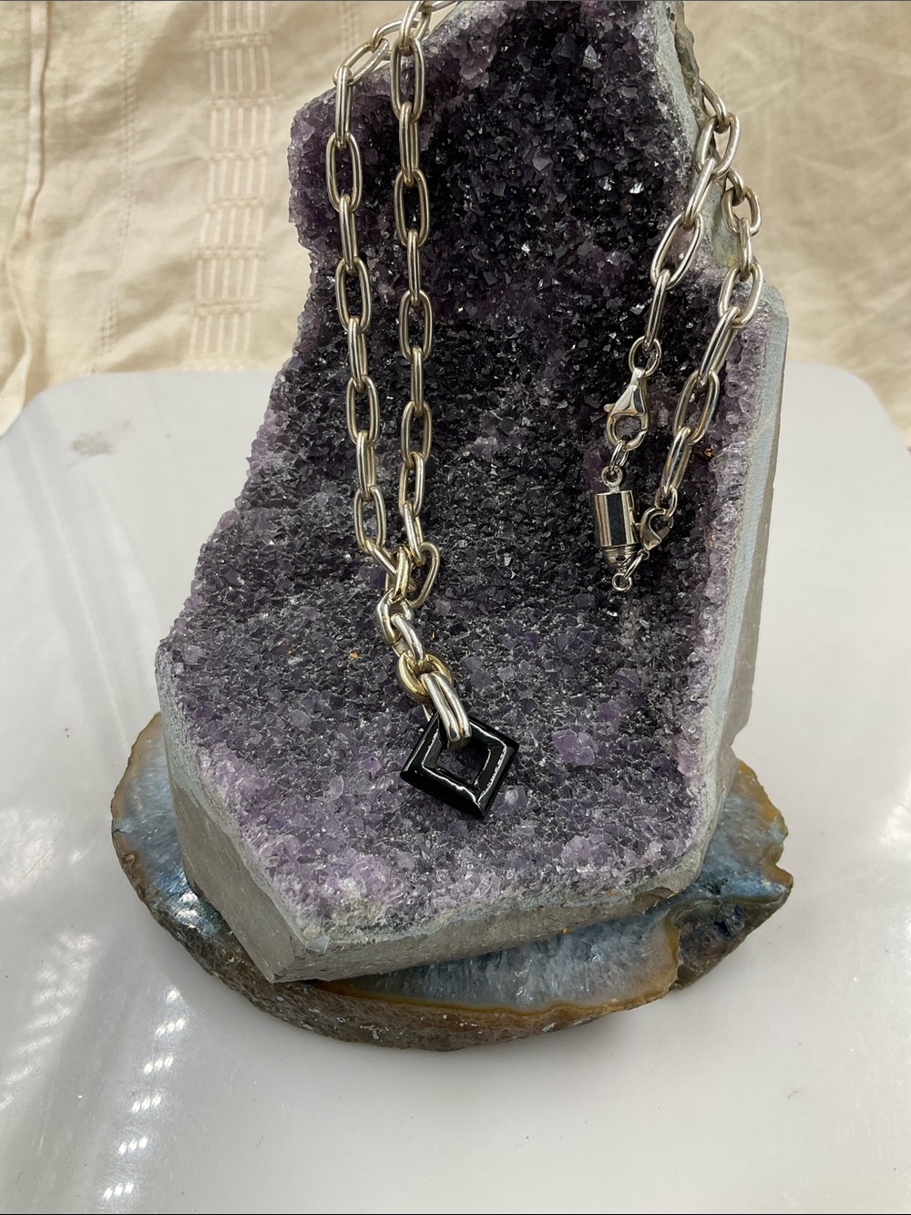 Vintage 18” Sterling Silver Chain Necklace W/Black Onyx Gemstone Pendant (2”) - Picture 2 of 14